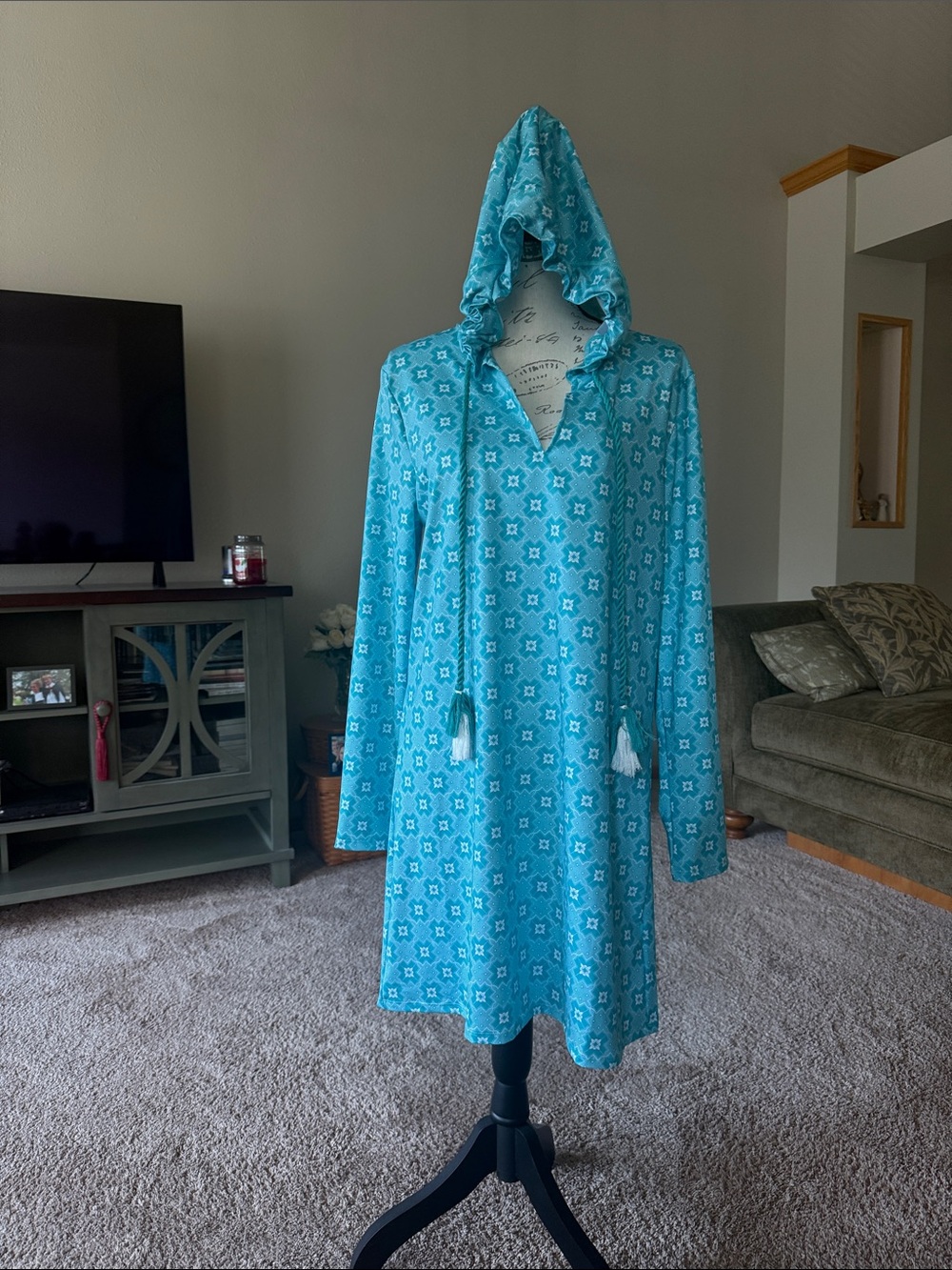 Cabana Life Hooded Teal Floral Geometric Swim Cover-Up